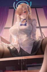 Rule 34 | 1girl, absurdres, asuna (blue archive), bad id, bad pixiv id, black choker, black skirt, blue archive, blue eyes, blush, book, book stack, breasts, brown pantyhose, choker, collarbone, commentary, cum, cumdrip, desk, english commentary, halo, highres, large breasts, long hair, long sleeves, looking at viewer, pantyhose, parted lips, pleated skirt, shirt, sitting, skirt, smile, solo, spread legs, suggestive fluid, thighband pantyhose, thighs, turbulence, white shirt