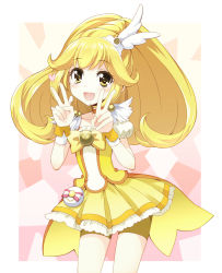 Rule 34 | 10s, 1girl, amagai tarou, bike shorts, blonde hair, blush, choker, cure peace, double v, dress, earrings, hair ornament, heart, highres, jewelry, kise yayoi, long hair, magical girl, open mouth, ponytail, precure, smile, smile precure!, solo, v, wrist cuffs, yellow eyes