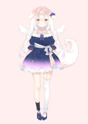 Rule 34 | 1girl, animal ears, asymmetrical legwear, bare shoulders, black dress, black footwear, black thighhighs, blush, braid, closed mouth, collarbone, commentary request, copyright request, dress, frilled dress, frills, full body, garter straps, hair between eyes, long hair, mini wings, multicolored hair, off-shoulder dress, off shoulder, pink background, pink hair, puffy short sleeves, puffy sleeves, purple eyes, shoes, short sleeves, simple background, single sock, single thighhigh, smile, socks, solo, standing, striped clothes, striped socks, striped thighhighs, tail, thighhighs, two-tone hair, vertical-striped clothes, vertical-striped socks, very long hair, white hair, white socks, white wings, wings, yuizaki kazuya