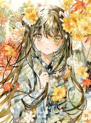 Rule 34 | 1girl, aqua nails, autumn leaves, black hair, commentary request, floral print, flower, green eyes, hair flower, hair ornament, hairpin, hand up, highres, holding, holding hair, japanese clothes, kimono, leaf, light blush, long hair, looking at viewer, maple leaf, nail polish, obi, original, painting (medium), parted lips, sash, solo, standing, sunlight, traditional media, twitter username, upper body, water drop, watercolor (medium), yukoring