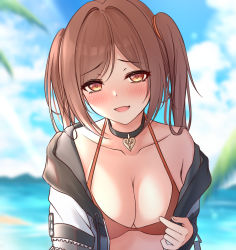 Rule 34 | 1girl, :d, bad id, bad pixiv id, bikini, bikini pull, black choker, blurry, blurry background, breasts, brown hair, choker, cleavage, clothes pull, collarbone, depth of field, fang, halterneck, highres, jacket, long hair, looking at viewer, medium breasts, monaka curl, off shoulder, open clothes, open jacket, open mouth, orange eyes, original, red bikini, smile, solo, string bikini, swimsuit, twintails, upper body