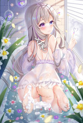 Rule 34 | 1girl, :3, ass, azur lane, babydoll, back, bar censor, barefoot, bathtub, blue eyes, brick wall, bubble, censored, chinese commentary, cleft of venus, closed mouth, condensation, crossed bangs, dress, feet, feet up, floating, flower, foam, from behind, glass writing, hair ornament, heterochromia, highres, indoors, kneeling, long hair, looking at viewer, looking back, miaogujun, murmansk (azur lane), murmansk (sceneries of pure snow) (azur lane), nail polish, official alternate costume, petals, petals on liquid, platinum blonde hair, purple eyes, pussy, soap bubbles, soles, solo, toes, wet, white dress, wide sleeves, window, window fog