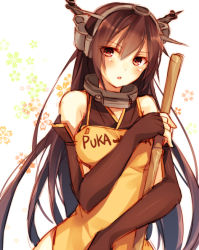 Rule 34 | 10s, 1girl, apron, bamboo broom, bare shoulders, black hair, blush, broom, elbow gloves, fingerless gloves, gloves, hair ornament, headgear, kantai collection, long hair, looking at viewer, nagato (kancolle), open mouth, personification, puka puka, red eyes, solo, toosaka asagi
