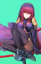 Rule 34 | aqua background, armor, armored boots, ass, bad id, bad pixiv id, bodysuit, boots, breasts, fate/grand order, fate (series), gae bolg (fate), high heels, labombardier!, long hair, looking at viewer, pauldrons, purple hair, red eyes, scathach (fate), scathach (fate), shoulder armor, simple background, sitting, veil