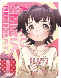 Rule 34 | 1girl, 1other, akagi miria, birthday, black hair, blush, box, brown eyes, clenched hands, collarbone, commentary request, gift, gift box, idolmaster, idolmaster cinderella girls, long sleeves, out of frame, parted lips, shirt, short hair, smile, solo focus, two side up, upper body, yutazo 028