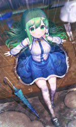 Rule 34 | 1girl, bare shoulders, blue skirt, blurry, blurry background, blurry foreground, blush, bow, bowtie, breasts, depth of field, detached sleeves, frog hair ornament, from above, full body, gohei, green eyes, green hair, hair between eyes, hair ornament, hair tubes, highres, kiramarukou, kochiya sanae, long hair, looking at viewer, medium breasts, over-kneehighs, parted lips, petticoat, rain, shirt, sidelocks, sitting, skirt, snake hair ornament, solo, thighhighs, touhou, umbrella, very long hair, white shirt, white thighhighs, yellow bow, yellow bowtie
