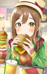 Rule 34 | 1girl, :p, absurdres, alternate hairstyle, artist name, artist request, blush, bow, breasts, brown dress, brown eyes, brown hair, brown shirt, burger, cup, dress, drinking glass, female focus, floral print, flower, flower print, food, french fries, green jacket, hair between eyes, hair flower, hair ornament, hat, hat bow, highres, holding, holding food, indoors, jacket, kunikida hanamaru, light brown hair, long hair, looking at viewer, love live!, love live! school idol festival, love live! sunshine!!, low-tied long hair, matching hair/eyes, medium breasts, nail, nail polish, parted lips, pink nails, red bow, red flower, restaurant, shirt, smile, solo, table, tongue, tongue out, upper body, white hat, yellow eyes