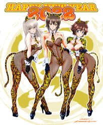 Rule 34 | 2022, 3girls, absurdres, akaboshi koume, alternate costume, animal ears, animal print, text background, bare shoulders, between breasts, black bodysuit, black footwear, black gloves, blue eyes, bodysuit, breast hold, breasts, brown eyes, brown hair, chinese zodiac, closed mouth, collar, commentary, dated, detached collar, english text, fake animal ears, fake tail, fishnet bodysuit, fishnets, girls und panzer, gloves, hand on own hip, hand on own arm, happy new year, head tilt, high heels, highleg, highleg leotard, highres, itsumi erika, jacket, large breasts, leaning forward, leaning to the side, leotard, long sleeves, looking at viewer, medium breasts, medium hair, multiple girls, necktie, new year, nishizumi maho, orange legwear, orange leotard, orange necktie, pantyhose, print legwear, print leotard, print necktie, print sleeves, short hair, shrug (clothing), side-by-side, silver hair, smile, standing, tail, thighhighs, tiger ears, tiger print, tiger tail, tomokoji, twitter username, wavy hair, white collar, wing collar, wrist cuffs, year of the tiger, yellow jacket