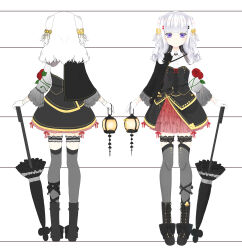 Rule 34 | 1girl, absurdres, black capelet, black footwear, black umbrella, boots, capelet, center frills, closed umbrella, collared shirt, cross-laced footwear, flower, frills, gloves, grey hair, grey thighhighs, highres, holding, holding lantern, lace-up boots, lantern, long hair, long sleeves, multiple views, original, pleated skirt, red flower, red rose, red skirt, rose, shirasu youichi, shirt, side cape, skirt, thighhighs, turnaround, two side up, umbrella, white background, white gloves, white shirt, wide sleeves