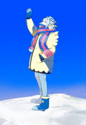 Rule 34 | 1boy, arm up, blue footwear, blue mittens, blue scarf, boots, clear sky, commentary request, creatures (company), dabu (dabuchan), day, from side, game freak, grusha (pokemon), hand in pocket, highres, holding, holding poke ball, jacket, looking up, male focus, mittens, nintendo, outdoors, pants, poke ball, poke ball print, pokemon, pokemon sv, scarf, sky, snow, solo, standing, striped clothes, striped scarf, yellow jacket
