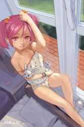 Rule 34 | 10s, 1girl, rabbit, camisole, food print, hair bobbles, hair ornament, kantai collection, looking at viewer, panties, pink eyes, pink hair, print panties, sazanami (kancolle), short hair, sitting, solo, strap slip, strawberry panties, strawberry print, toro (konirio), twintails, underwear, underwear only, white panties, window