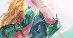 Rule 34 | 1boy, archaic set (zelda), arm up, asymmetrical clothes, blonde hair, bloom, blue eyes, chromatic aberration, covered mouth, earrings, eyelashes, glint, hair between eyes, hand up, highres, jewelry, jie deng, light, link, long hair, male focus, nintendo, scar, scar on arm, scar on chest, short sleeves, sideways glance, solo, strap, the legend of zelda, the legend of zelda: breath of the wild, the legend of zelda: tears of the kingdom, upper body