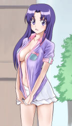 Rule 34 | 10s, 1girl, :o, absurdres, amawa kazuhiro, blush, breasts, cleavage, collarbone, cowboy shot, happinesscharge precure!, highres, hikawa iona, jacket, long hair, looking at viewer, navel, no bra, open mouth, plant, precure, purple eyes, purple hair, purple jacket, purple shirt, shirt, short sleeves, solo, standing, tree, undressing