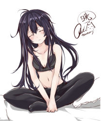 Rule 34 | 10s, 1girl, ahoge, akatsuki (kancolle), bare arms, bare shoulders, bed, bed sheet, black bra, black pantyhose, bra, character name, closed eyes, hair between eyes, indian style, kantai collection, long hair, midriff, navel, pantyhose, purple hair, rizzl, signature, sitting, solo, underwear, underwear only