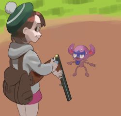 Rule 34 | 1girl, 1other, backpack, bag, black eyes, brown hair, cardigan, closed mouth, colored skin, constricted pupils, cowboy shot, creatures (company), day, fangs, fangs out, from behind, game freak, gen 8 pokemon, gloria (pokemon), green headwear, grey cardigan, gun, happy, holding, holding gun, holding weapon, hood, hood down, hooded cardigan, impidimp, looking at viewer, looking back, matching hair/eyes, miniskirt, nervous, nervous sweating, nintendo, outdoors, pokemon, pokemon (creature), pokemon swsh, pom pom (clothes), purple skin, purple skirt, reloading, short hair, shotgun, shotgun shell, sketch, skirt, smile, solo focus, standing, sweat, tam o&#039; shanter, tongue, tongue out, weapon, zippppiz