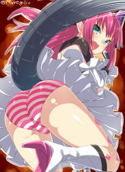 Rule 34 | 10s, ass, blue eyes, elizabeth bathory (fate), elizabeth bathory (fate/extra ccc), elizabeth bathory (first ascension) (fate), fang, fate/extra, fate/extra ccc, fate (series), high heels, long hair, looking at viewer, open mouth, panties, pink hair, pointy ears, solo, striped clothes, striped panties, tail, torimaru, underwear