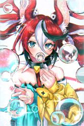 Rule 34 | 1girl, absurdres, animal ears, asymmetrical sleeves, blue eyes, bubble, blowing bubbles, collar, dice hair ornament, hair ornament, hakos baelz, highres, hololive, hololive english, mouse ears, multicolored hair, red hair, spiked collar, spikes, streaked hair, terra bose, twintails, virtual youtuber