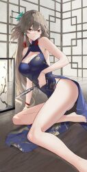 Rule 34 | 1girl, bare legs, barefoot, blue dress, bracelet, breasts, china dress, chinese clothes, cleavage, closed mouth, commentary, dress, earrings, artistic error, feet, foot out of frame, girls&#039; frontline, hand fan, hand on floor, highres, holding, holding fan, jewelry, legs, light brown hair, long hair, looking at viewer, medium breasts, mole, mole under eye, nail polish, official alternate costume, on floor, red eyes, red nails, saturndxy, smile, solo, sp9 (girls&#039; frontline), sp9 (pride of the winter orchid) (girls&#039; frontline), thighs, wrong foot