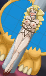 Rule 34 | 00s, 1girl, arms behind back, ball gag, bdsm, blonde hair, blush, bondage, bound, braid, breasts, censored, crotch rope, dinosaur king, dutch angle, feet, female focus, full body, gag, gagged, glasses, highres, large breasts, legs, long hair, looking at viewer, mature female, mosaic censoring, navel, nipples, nude, purple eyes, pussy, pussy juice, rope, saliva, shibari, shoes, solo, standing, sweat, tatsuno riasu, thighs, twin braids, wanderer (furafuradou), wet