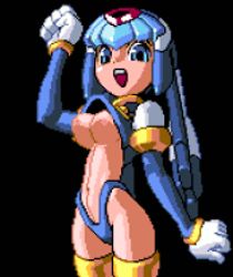 Rule 34 | 1girl, animated, animated gif, bingo tarte, blue eyes, bouncing breasts, breasts, breasts out, capcom, cowboy shot, gloves, highleg, highleg bikini, fairy leviathan (mega man), lowres, medium breasts, oppai oppai, pixel art, mega man (series), mega man zero (series), solo, standing, transparent background, white gloves
