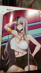 Rule 34 | 1girl, arm on own head, armlet, armpits, artbook, bare shoulders, black gloves, black shorts, breasts, cleavage, closed mouth, commentary, crop top, earphones, english commentary, gloves, hair between eyes, hand on own hip, highres, j.k., large breasts, long hair, navel, original, red eyes, shorts, silver hair, sweatdrop, tank top, thick thighs, thighs, very long hair, white tank top