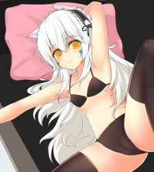 Rule 34 | 1girl, arm behind head, armpits, bad id, bad pixiv id, bikini, black bikini, black thighhighs, blush, bonnet, cameltoe, couch, cushion, elsword, eve (elsword), flat chest, hair between eyes, highres, knee up, light frown, linez, long hair, lying, on couch, pillow, solo, spread legs, swimsuit, thighhighs, very long hair, white hair, yellow eyes