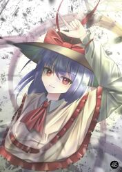 Rule 34 | 1girl, absurdres, ascot, black hat, bow, capelet, closed mouth, commentary, hat, hat bow, highres, index finger raised, long sleeves, looking at viewer, medium hair, nagae iku, purple hair, red ascot, red bow, red eyes, solo, tofuandsoup, touhou, upper body, white capelet