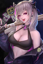 Rule 34 | 1girl, absurdres, azhang, azur lane, bandages, bare shoulders, baseball bat, black bow, black gloves, black nails, black ribbon, bow, breasts, coat, commentary, double bun, english commentary, eyebrows hidden by hair, fang, fingerless gloves, gloves, hair bow, hair bun, hair ribbon, highres, holding, holding weapon, long sleeves, looking at viewer, medium breasts, nail polish, navel, open clothes, open coat, open mouth, pink eyes, ribbon, san francisco (azur lane), solo, twintails, upper body, weapon, white hair
