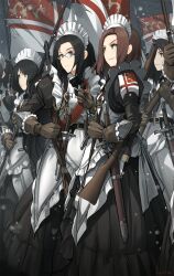 Rule 34 | 6+girls, alicia cole, apron, asterisk kome, black hair, blue eyes, bolt action, brown eyes, brown gloves, brown hair, commentary request, flag, gina wallace, gloves, green eyes, gun, highres, holding, holding flag, holding gun, holding weapon, lee-enfield, long hair, maid, maid apron, maid headdress, marie gardner, medal, multiple girls, original, rifle, sheath, sheathed, sword, weapon
