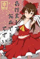 Rule 34 | 10s, 1girl, 2016, akeome, alphe, armpits, bad id, bad pixiv id, blush, bow, brown hair, detached sleeves, hair bow, hair tubes, hakurei reimu, happy new year, highres, long hair, looking at viewer, nengajou, new year, one eye closed, smile, solo, touhou