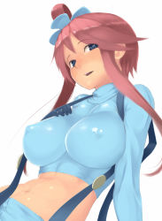 Rule 34 | 10s, 1girl, blue eyes, blush, breasts, covered erect nipples, creatures (company), game freak, gloves, gym leader, hair ornament, impossible clothes, impossible shirt, large breasts, long hair, midriff, navel, nintendo, pokemon, pokemon bw, red hair, shirt, simple background, skyla (pokemon), solo, suspenders, sweat, toshi makoto, white background