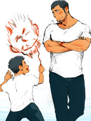 Rule 34 | 2boys, against wall, age difference, bara, beard stubble, blush, child, child&#039;s drawing, crossed arms, facial hair, happy aura, highres, looking at another, male focus, mature male, multiple boys, muscular, muscular male, original, pectoral lift, short hair, shy, sideburns stubble, standing, stubble, tarutoru