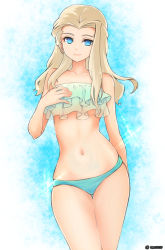 Rule 34 | 10s, 1girl, aqua background, aqua bikini, arm behind back, bikini, blonde hair, blue eyes, clara (girls und panzer), closed mouth, commentary request, cowboy shot, girls und panzer, hand on own chest, layered bikini, long hair, looking at viewer, navel, parted bangs, skindentation, smile, solo, sparkle, standing, swimsuit, thigh gap, thighs, umxzo