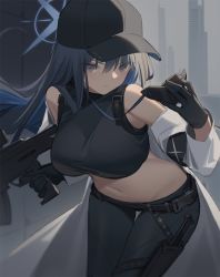 Rule 34 | 1girl, assault rifle, bare shoulders, baseball cap, belt, black belt, black gloves, black hair, black hat, black mask, black pants, black shirt, blue archive, blue eyes, blush, breasts, buckle, building, chest harness, closed mouth, coat, commentary, cowboy shot, crop top, gloves, groin, gun, halo, harness, hat, holding, holding gun, holding mask, holding weapon, holster, kildir, knife, knife sheath, leaning forward, long hair, looking at viewer, mask, medium breasts, midriff, mouth mask, navel, off shoulder, pants, rifle, saori (blue archive), scope, sheath, shirt, sidelocks, sig 516, sig sauer, skyscraper, sleeveless, sleeveless shirt, snap-fit buckle, solo, standing, taut clothes, taut shirt, thigh gap, thigh holster, unworn mask, weapon, white coat