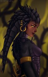 Rule 34 | 1girl, absurdres, alternate costume, armlet, black hair, breasts, colored sclera, colored skin, dark-skinned female, dark skin, dragon girl, dragon horns, dragon symmetra, ear piercing, from side, green eyes, hair ornament, highres, horns, lips, looking at viewer, multicolored skin, no nipples, nose, nude, overwatch, overwatch 1, piercing, popess lodovica, purple skin, scales, small breasts, solo, symmetra (overwatch), two-tone skin, upper body, yellow sclera
