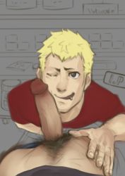 Rule 34 | 2boys, absurdres, blonde hair, erection, highres, iwai munehisa, male focus, multiple boys, naughty face, penis, persona, persona 5, pov, pubic hair, sakamoto ryuuji, smile, solo focus, undressing, wink, yaoi