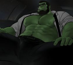Rule 34 | 1boy, abs, bad id, bad twitter id, bara, bare pectorals, beard, black-framed eyewear, bulge, colored skin, dopey (dopq), facial hair, feet out of frame, glasses, green skin, large pectorals, looking at viewer, male focus, mature male, monster boy, muscular, muscular male, navel, necktie, nipples, open clothes, open shirt, orc, original, paid reward available, pectorals, salaryman, short hair, sitting, solo, stomach, thick eyebrows, thick thighs, thighs, undone necktie