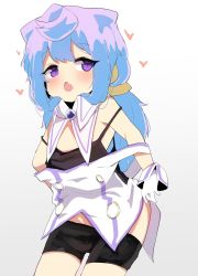 Rule 34 | 1boy, absurdres, bike shorts, black shorts, black tank top, blue hair, clothes pull, detached collar, gloves, hacka doll, hacka doll 3, heart, highres, long hair, low twintails, male focus, off shoulder, open mouth, pulled by self, purple eyes, shirt, shorts, shorts pull, simple background, solo, strap slip, tank top, trap, twintails, white background, white gloves, white shirt, zeru (wisel army)