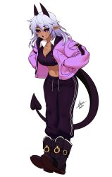 Rule 34 | 1girl, absurdres, airisubaka, artist name, black footwear, black pants, black sclera, blue hair, boots, breasts, collarbone, colored sclera, commentary, crop top, dark-skinned female, dark skin, demon girl, demon tail, drawstring, full body, hair between eyes, hands in pockets, highres, horns, jacket, light blue hair, long hair, long sleeves, looking at viewer, medium breasts, midriff, mole, mole under eye, navel, open clothes, open jacket, original, pants, pink jacket, pointy ears, purple eyes, signature, simple background, solo, standing, symbol-only commentary, tail, white background, wing collar