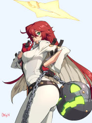 Rule 34 | 1girl, ass, belt, bodysuit, breasts, broken halo, candy, center opening, chain, spiked halo, food, gloves, green eyes, guilty gear, guilty gear strive, halo, high heels, jack-o&#039; valentine, lollipop, long hair, looking at viewer, medium breasts, multicolored hair, ozkh, red hair, smile, solo, two-tone hair, white hair