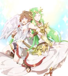 Rule 34 | 1boy, 1girl, age difference, angel, bad id, bad pixiv id, blush, breasts, brown hair, child, cleavage, dress, gloves, green eyes, green hair, hair ornament, jewelry, kid icarus, kid icarus uprising, kume (sobameshio), long hair, nintendo, one eye closed, onee-shota, open mouth, palutena, pit (kid icarus), purple eyes, short hair, smile, thighhighs, white thighhighs, wings