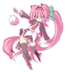 Rule 34 | 1girl, animal ears, belt, bird, boots, bow, crazy developers, green eyes, hair bow, hair intakes, highres, knee boots, long hair, necktie, original, outstretched arms, panties, pink hair, ponytail, skirt, solo, souffle camberetto, souffle gamberetto, spread arms, striped clothes, striped panties, tail, thighhighs, underwear, very long hair