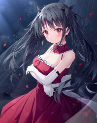 Rule 34 | 1girl, bare shoulders, black hair, black ribbon, blush, breasts, cleavage, closed mouth, cloud, cloudy sky, commentary request, curtains, dress, elbow gloves, gloves, hair ribbon, highres, kine-c, long hair, looking at viewer, medium breasts, night, night sky, original, outdoors, petals, red dress, red eyes, ribbon, ribbon-trimmed gloves, ribbon trim, sky, solo, star (sky), starry sky, transparent, twintails, very long hair, white gloves