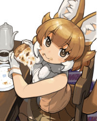 Rule 34 | 1girl, animal ear fluff, animal ears, bare shoulders, bow, bowtie, brown eyes, brown hair, brown skirt, carpet, chair, coffee, coffee pot, commentary, dhole (kemono friends), eating, food, food on face, fur collar, gloves, highres, japari symbol, kemono friends, kemono friends 3, looking at viewer, multicolored hair, pizza, plate, pleated skirt, rinx, shirt, sitting, skirt, sleeveless, sleeveless shirt, solo, tail, two-tone hair, white background, white gloves, white hair