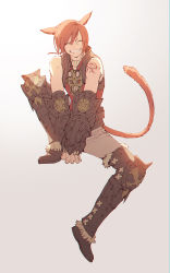 Rule 34 | 1boy, animal ears, arm tattoo, armor, bare shoulders, braid, braided ponytail, brown footwear, cat boy, cat ears, cat tail, closed eyes, facial mark, facing viewer, final fantasy, final fantasy xiv, full body, fur trim, g&#039;raha tia, greaves, grey background, grin, highres, knee up, male focus, miqo&#039;te, own hands together, pouch, red hair, shirt, shoes, short hair, short ponytail, simple background, single braid, sitting, sleeveless, sleeveless shirt, smile, solo, tail, tail raised, tattoo, v-shaped eyebrows, v arms, vambraces, zinnkousai3850