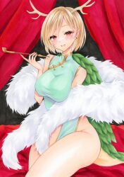 Rule 34 | 1girl, :d, adapted costume, antlers, bare shoulders, blonde hair, blush, breasts, china dress, chinese clothes, curtains, dress, eyebrows hidden by hair, fang, feather boa, gold trim, highres, horns, kicchou yachie, kiseru, large breasts, looking at viewer, medium breasts, natsume nadeshiko, open mouth, pink eyes, short hair, skin fang, smile, smoking pipe, solo, touhou, traditional media