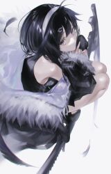 Rule 34 | 1girl, ahoge, arknights, backlighting, bare shoulders, black feathers, black footwear, black gloves, black hair, black jacket, black shirt, black straps, bloom, blunt bangs, buckle, chromatic aberration, closed mouth, commentary request, double-parted bangs, expressionless, eyelashes, falling feathers, feather hair, feathers, fingerless gloves, fingernails, from above, from side, full body, fur-trimmed jacket, fur-trimmed sleeves, fur trim, gloves, grey eyes, hair flowing over, hair ornament, hairband, hairclip, hands up, highres, interlocked fingers, jacket, knees, knees together feet apart, la pluma (arknights), long sleeves, looking at viewer, looking to the side, looking up, medium hair, off shoulder, own hands together, sandals, scythe, shade, shiny skin, shirt, simple background, sleeveless, sleeveless shirt, snap-fit buckle, solo, squatting, strap, thighs, tsuji yashiki, weapon, white background, white hairband, wide sleeves