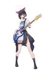 Rule 34 | 1girl, animal ears, black choker, black footwear, black jacket, black mask, black socks, blonde hair, blue archive, blush, cat ears, choker, clothes around waist, colored inner hair, electric guitar, extra ears, guitar, halo, highres, holding, holding instrument, instrument, jacket, jacket around waist, kazusa (band) (blue archive), kazusa (blue archive), mask, mask pull, mouth mask, multicolored hair, music, official alternate costume, open mouth, pink hair, pink halo, playing instrument, pleated skirt, ranyu, red eyes, shirt, shoes, short hair, short sleeves, simple background, skirt, smile, socks, solo, thigh strap, white background, white shirt, white skirt