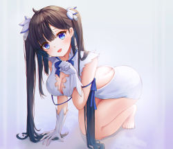 Rule 34 | 1girl, :d, all fours, ass, backless dress, backless outfit, bad id, bad pixiv id, bare legs, bare shoulders, barefoot, black hair, blue eyes, blue ribbon, bow, bowtie, breasts, butt crack, cleavage, doroshi, dress, dungeon ni deai wo motomeru no wa machigatteiru darou ka, fang, gloves, hair ornament, head tilt, hestia (danmachi), highres, large breasts, long hair, looking at viewer, open mouth, paw pose, ribbon, sleeveless, sleeveless dress, smile, solo, thighs, twintails, very long hair, white dress, white gloves