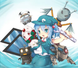 Rule 34 | 2girls, absurdres, blue eyes, blue hair, blush, colored skin, dungeon and fighter, feng ling (fenglingwulukong), hair bobbles, hair ornament, highres, kawashiro nitori, key, looking at viewer, looking away, multiple girls, open mouth, red eyes, robot, short twintails, touhou, twintails, white skin, wrench